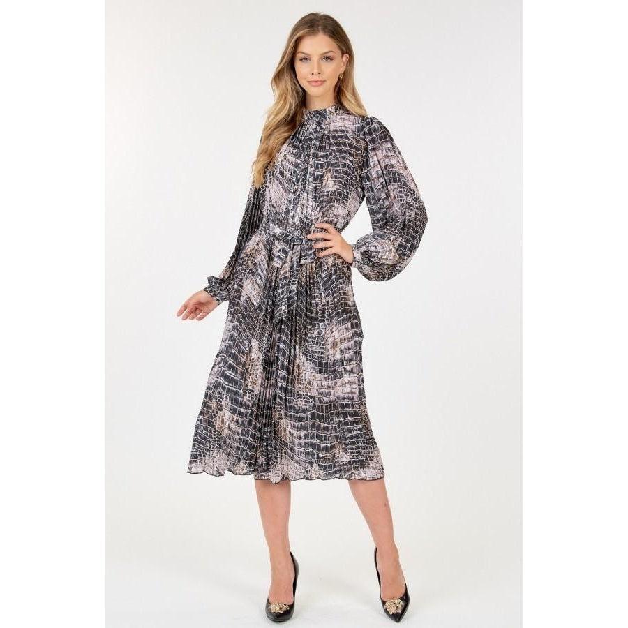 Long Sleeve Pleated Snake Skin Print Midi Dress