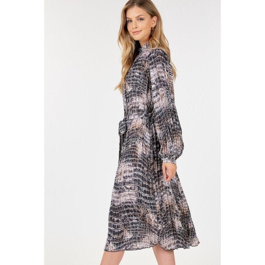 Long Sleeve Pleated Snake Skin Print Midi Dress