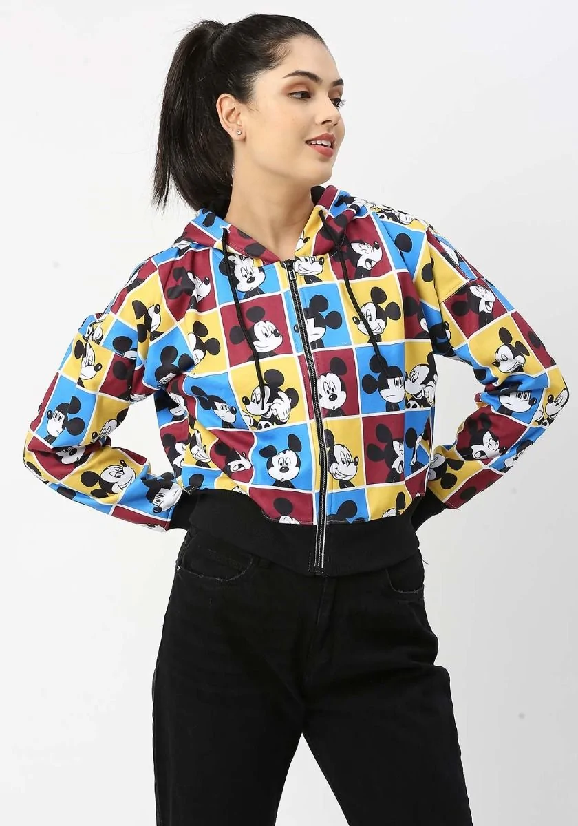 Mickey Checkered Crop Zipper Hoodie