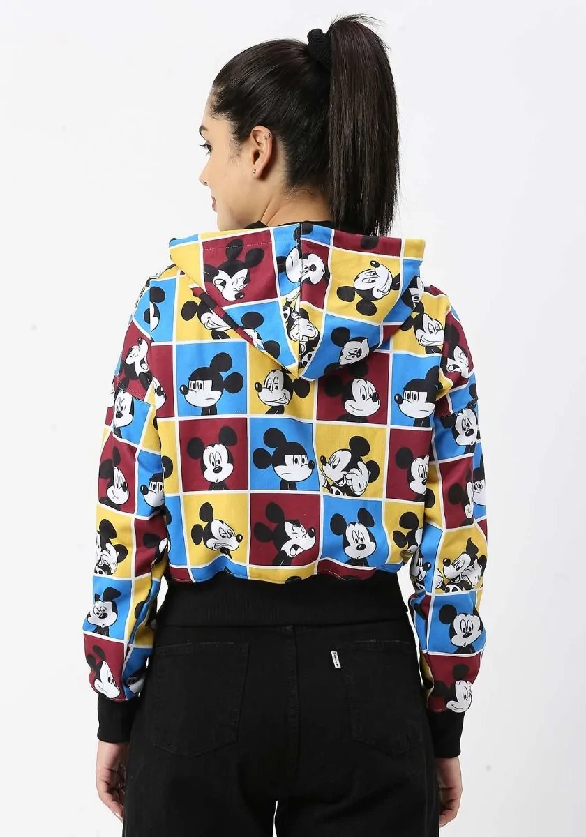 Mickey Checkered Crop Zipper Hoodie