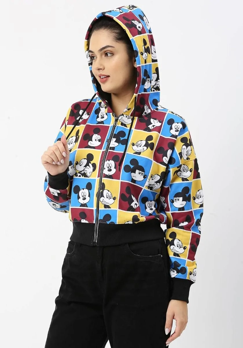 Mickey Checkered Crop Zipper Hoodie