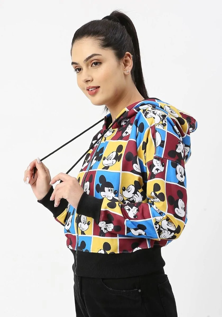 Mickey Checkered Crop Zipper Hoodie