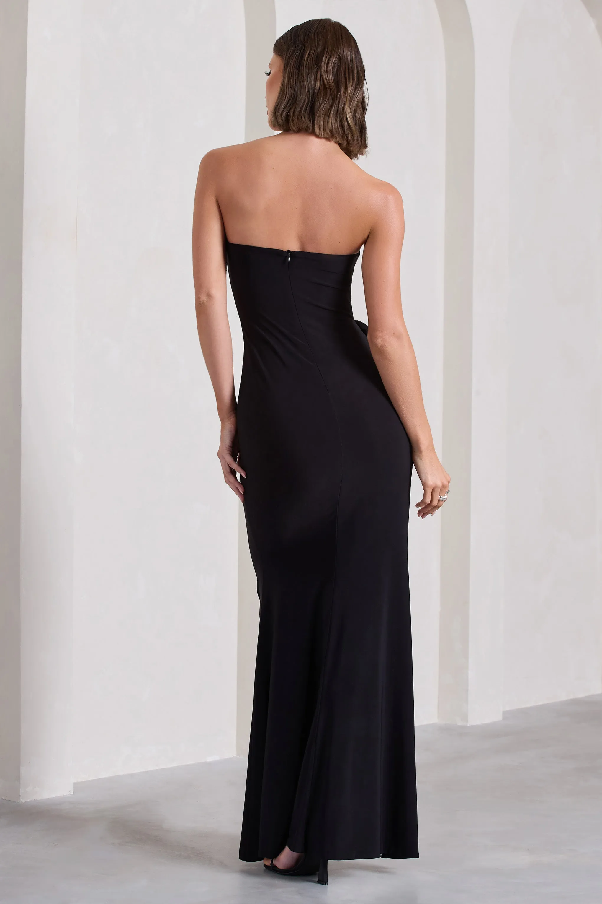 My Muse | Black Ruched Bandeau Split Maxi Dress With Flowers