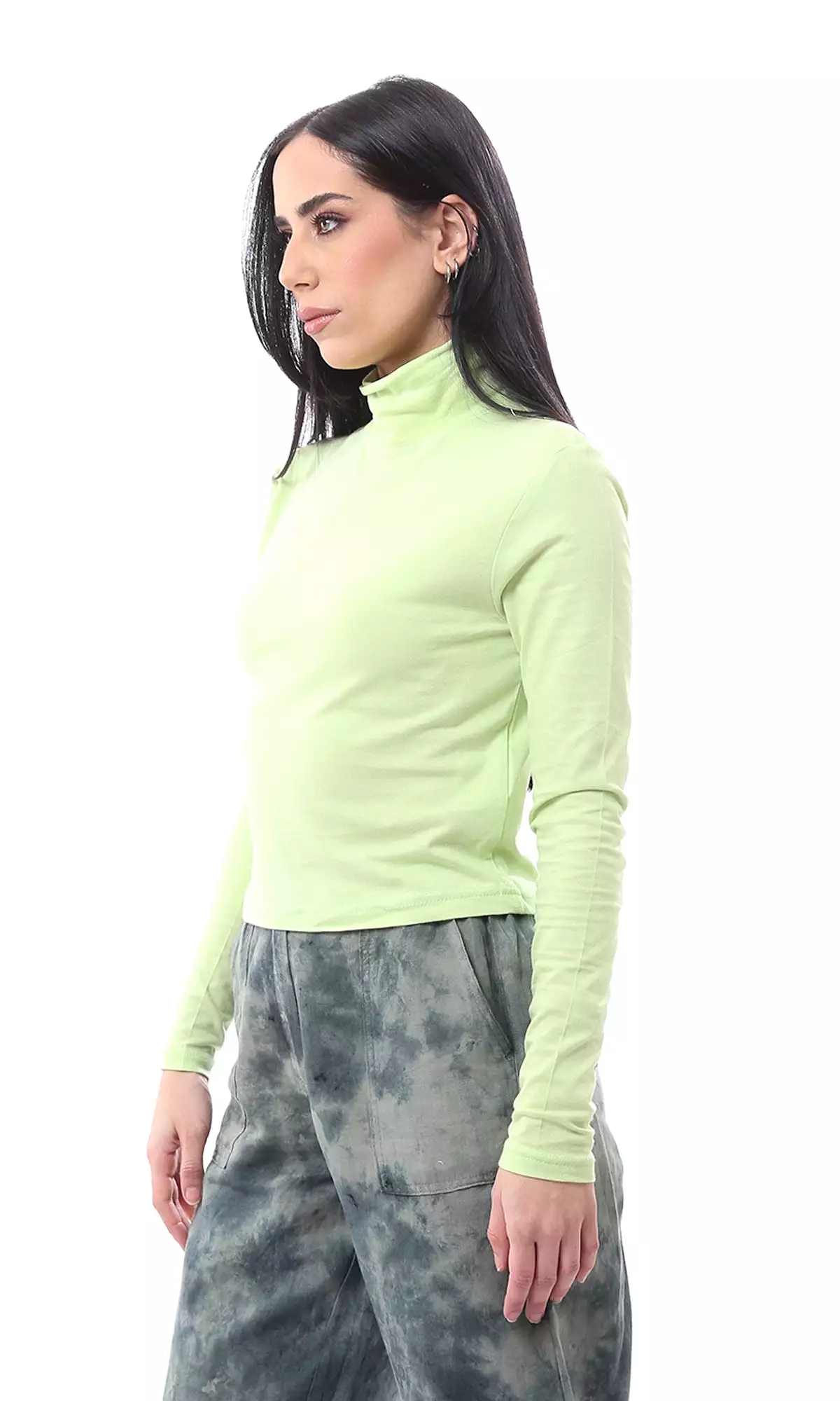 O161371 Solid Turtle Neck Cropped Tee With Long Sleeves - Lime Green