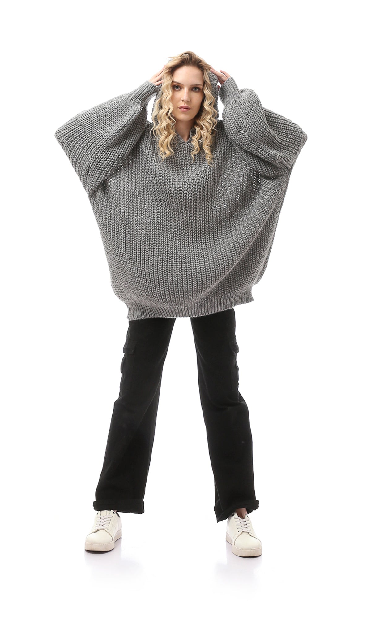 O168904 Oversized Grey Knitted Slip On Pullover