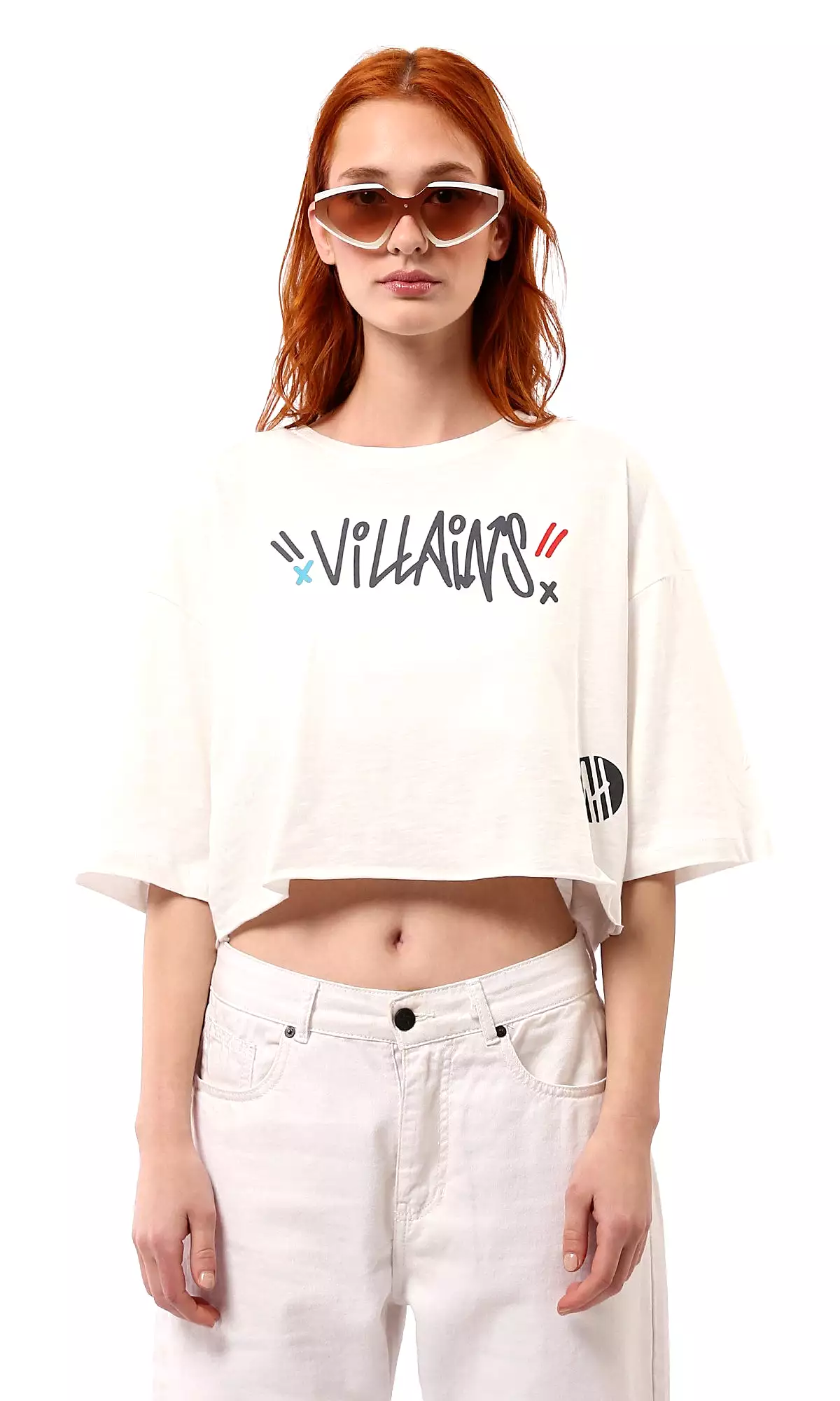 O181684 Front & Back Print Off-White Cropped Tee