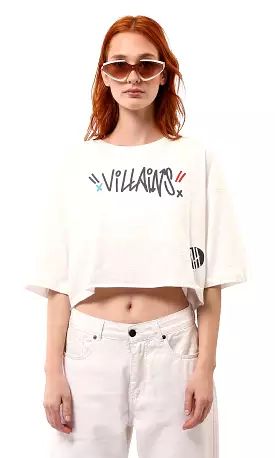 O181684 Front & Back Print Off-White Cropped Tee