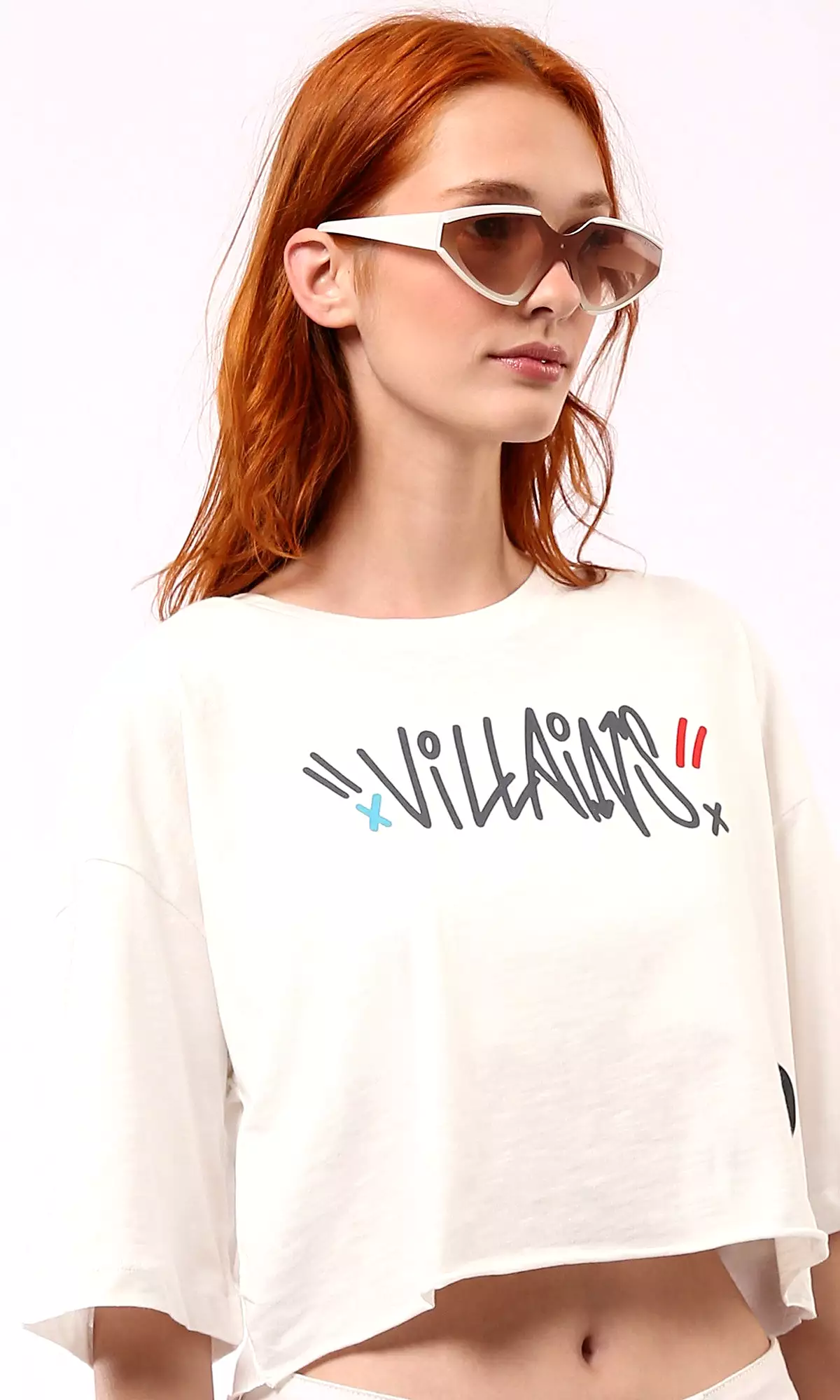 O181684 Front & Back Print Off-White Cropped Tee