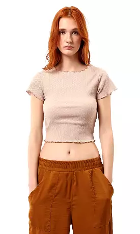 O188382 Dark Beige Casual Textured Cropped Top