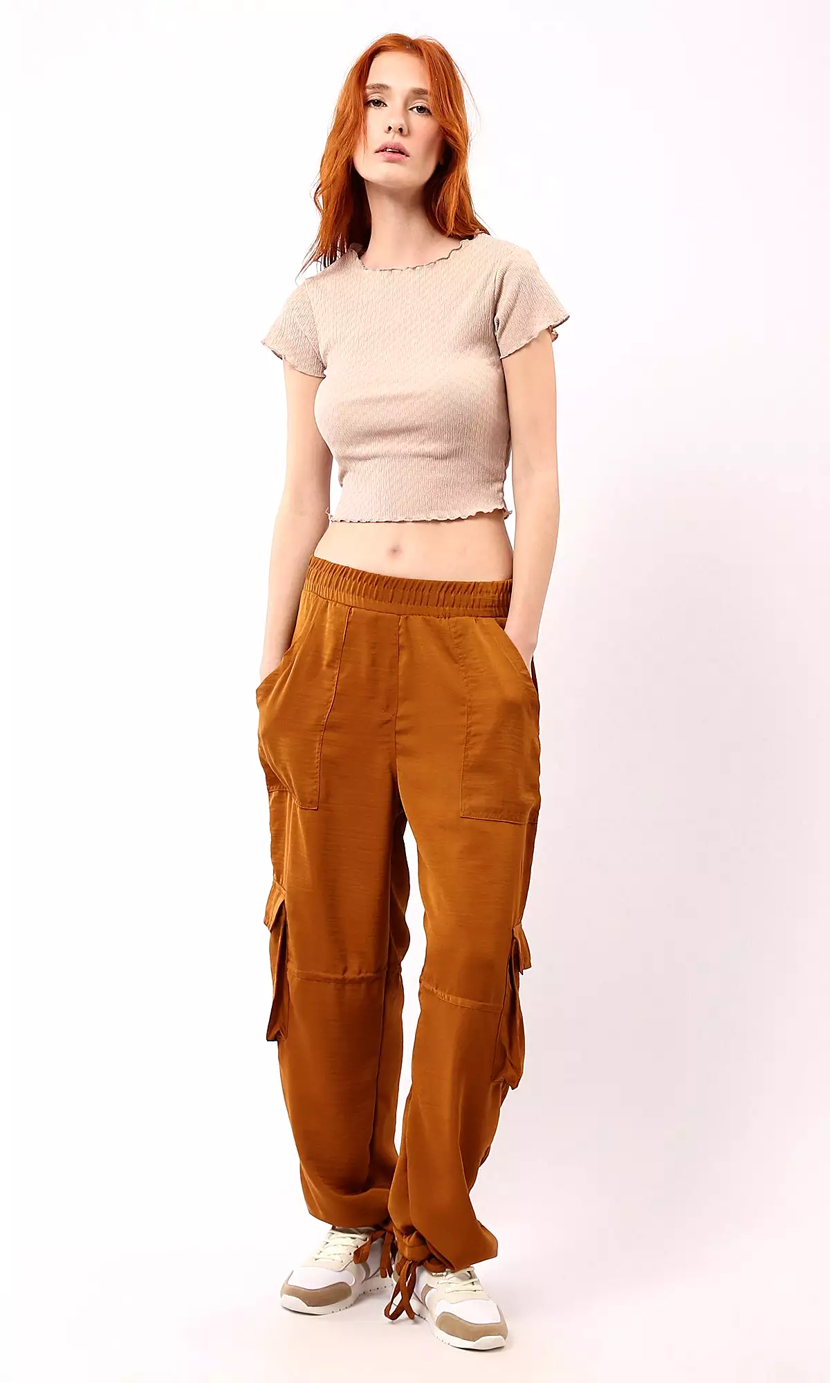 O188382 Dark Beige Casual Textured Cropped Top