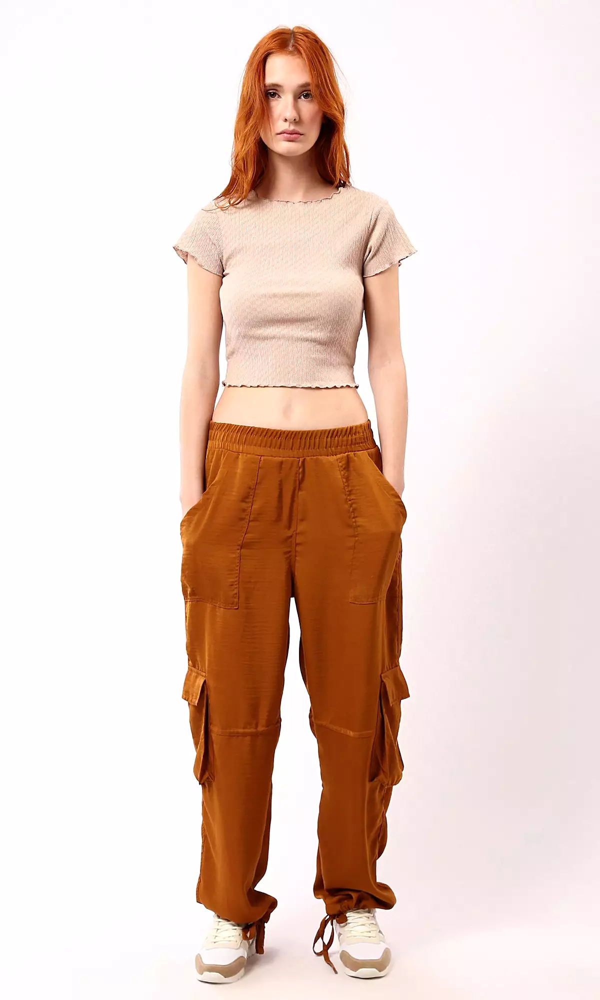 O188382 Dark Beige Casual Textured Cropped Top