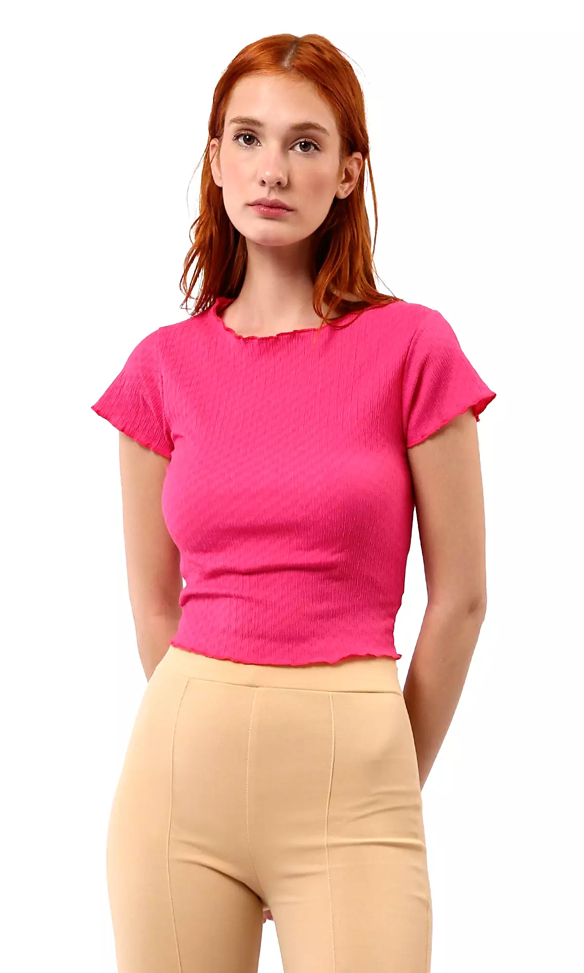 O188384 Short Sleeves Textured Fuchsia Cropped Top