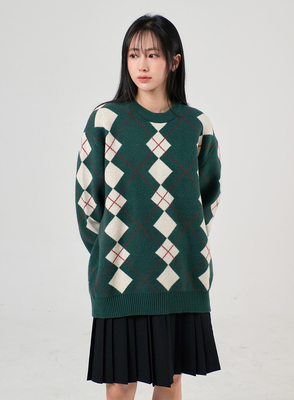 Oversized Argyle Knit Sweater OF405