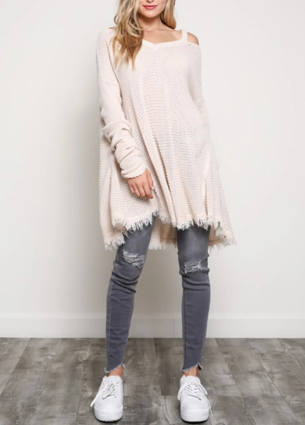 Oversized Thermal Sweater with Cold Shoulder in More Colors