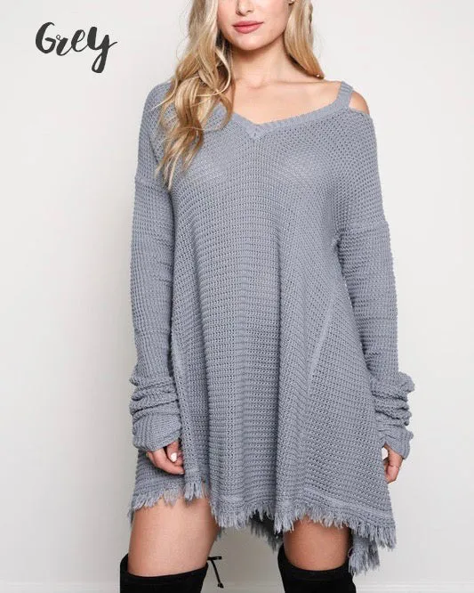 Oversized Thermal Sweater with Cold Shoulder in More Colors