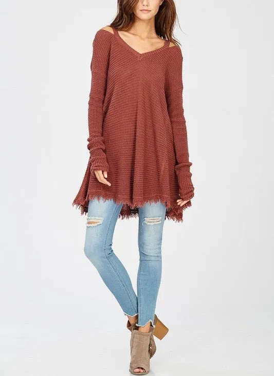 Oversized Thermal Sweater with Cold Shoulder in More Colors