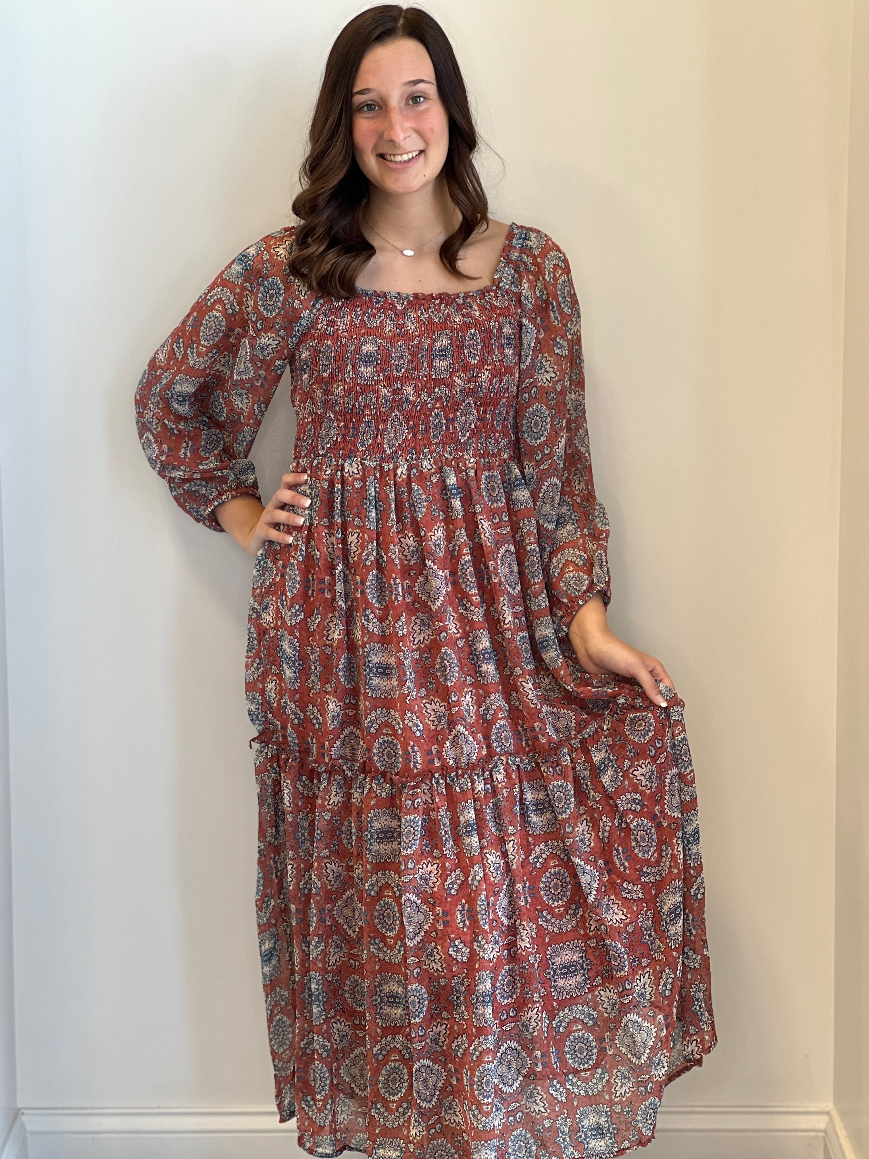 Phoebe Smocked Square Neck Medallion Print Dress