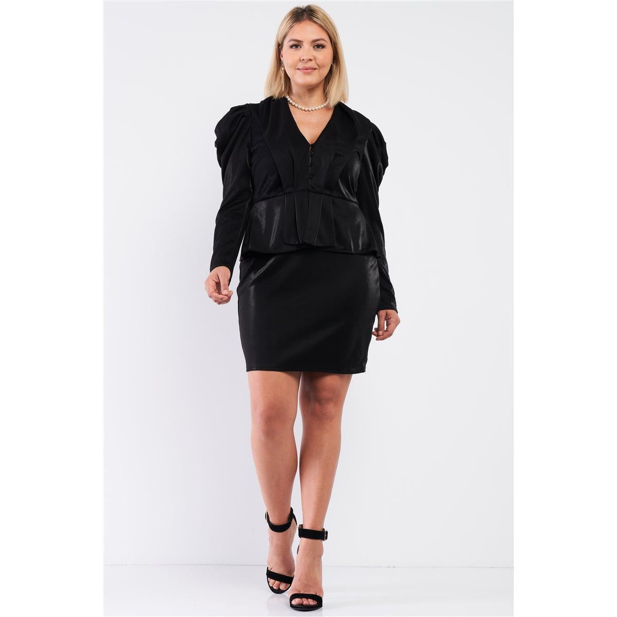 Plus Long Sleeve Victorian Steampunk Inspired V-neck Button Front Pleated Detail Mock Blazer Fitted Dress