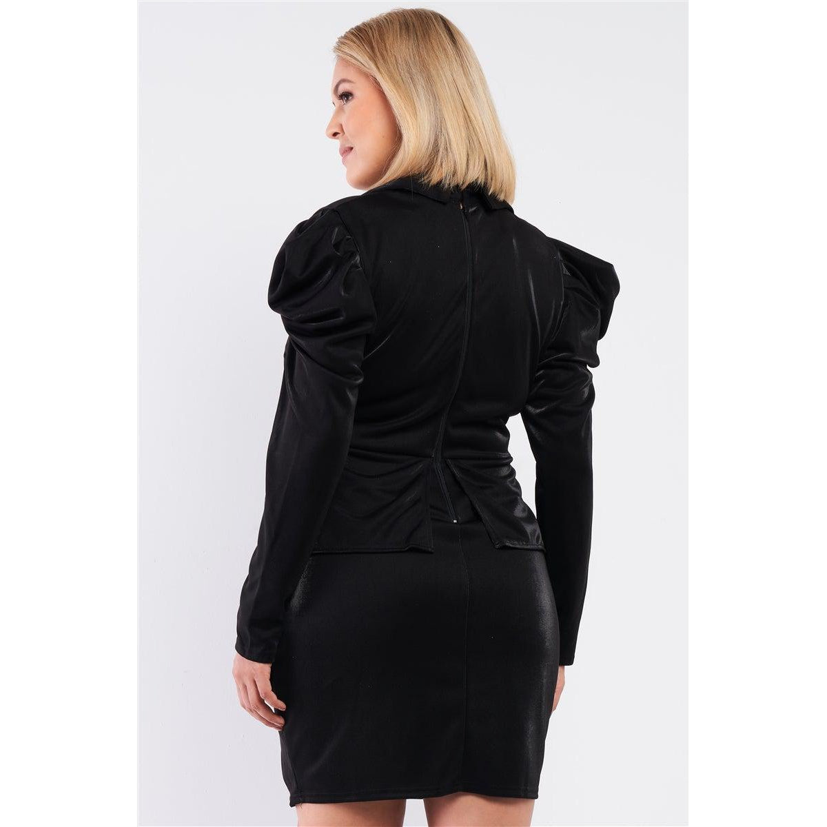 Plus Long Sleeve Victorian Steampunk Inspired V-neck Button Front Pleated Detail Mock Blazer Fitted Dress