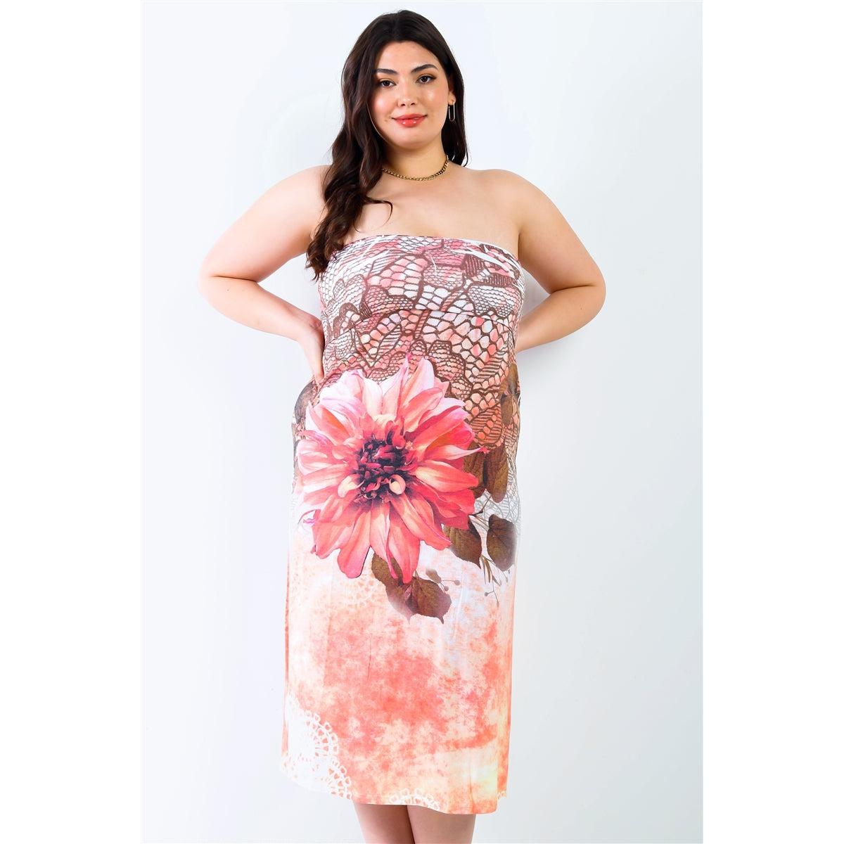 Plus Peach Flower Print Sleeveless Midi Dress