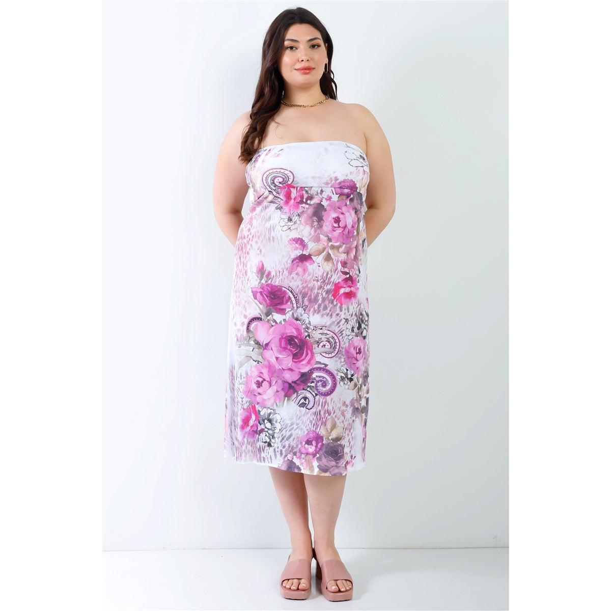 Plus Pink Flower Print Sleeveless Midi Dress