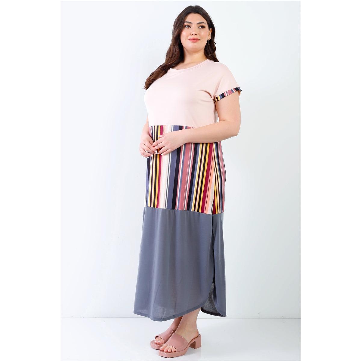 Plus Pink Print Colorblock Maxi Dress