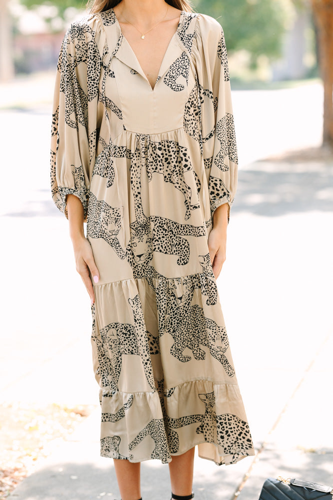 Queen Of The Jungle Taupe Brown Cheetah Print Midi Dress