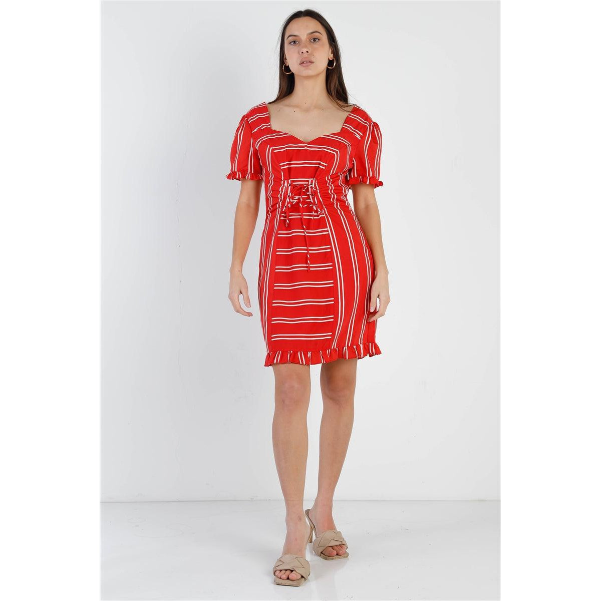 Red Stripe Lace Up Front Detail Ruffle Trim Balloon Sleeve Dress