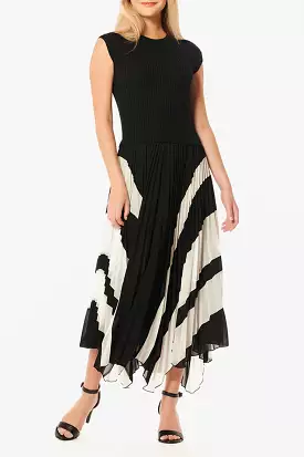 Ribbed Bodice Pleated Midi Dress