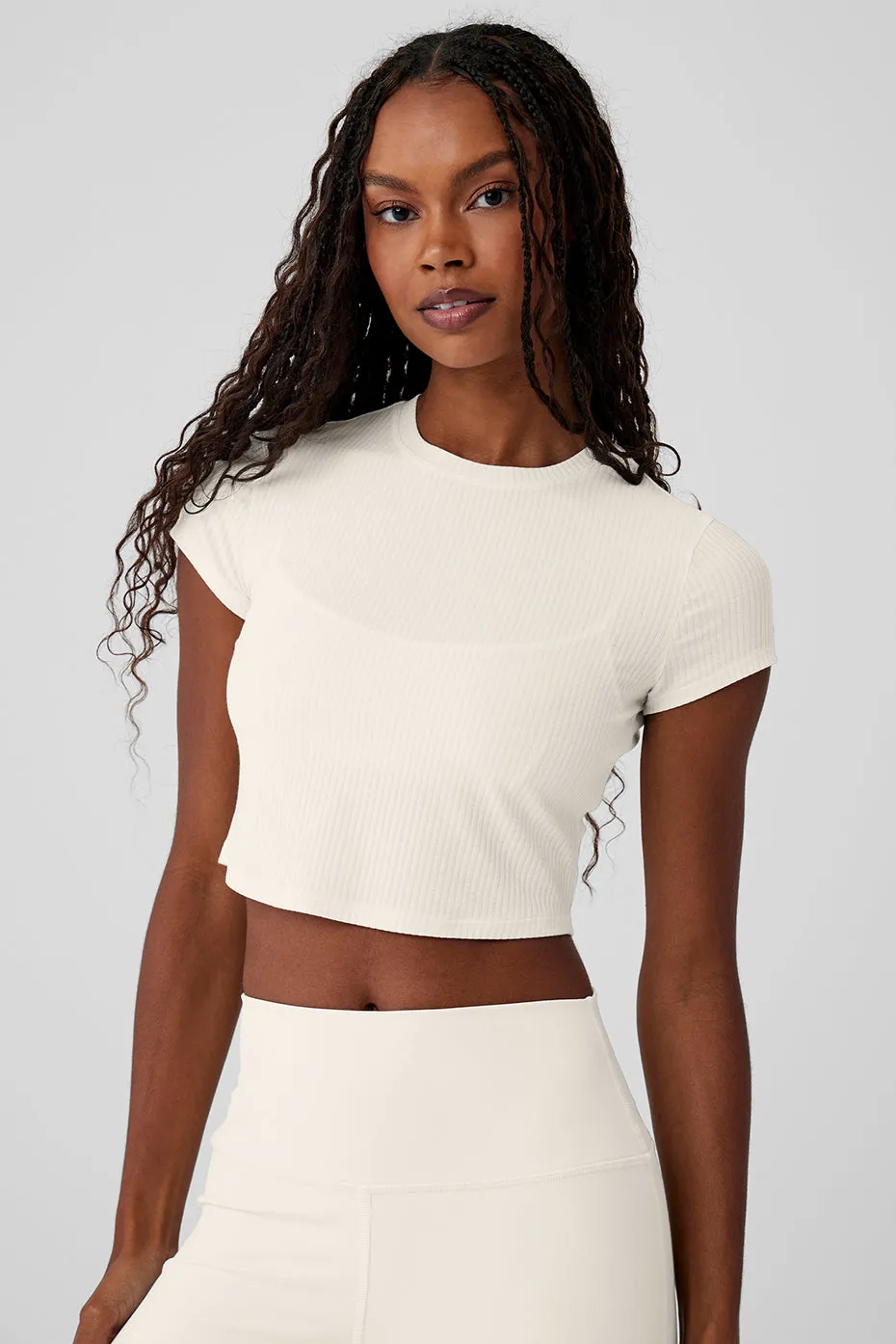 Ribbed Sea Coast Cropped Short Sleeve Tee - Ivory