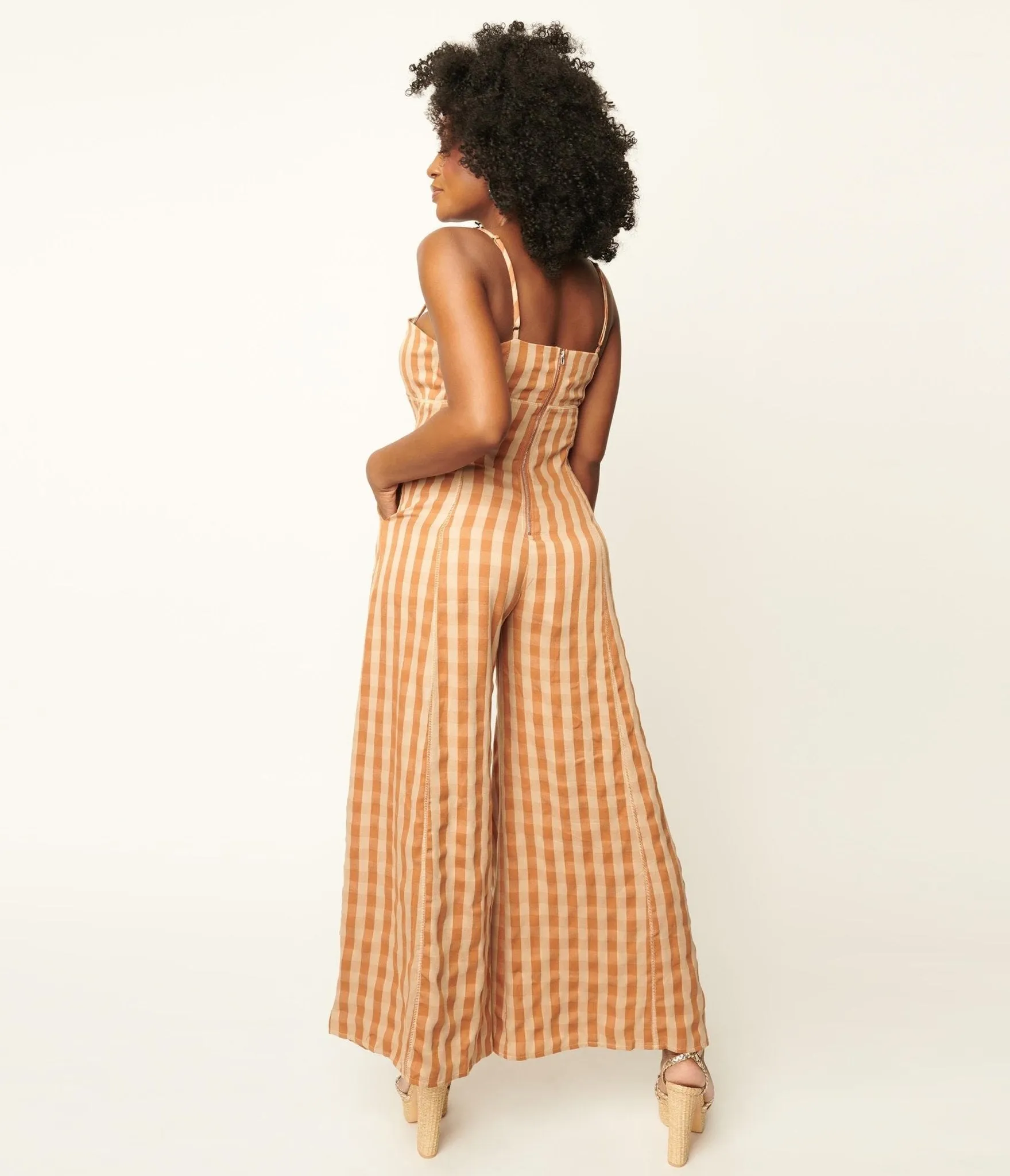 Rust Orange & Beige Gingham Jumpsuit