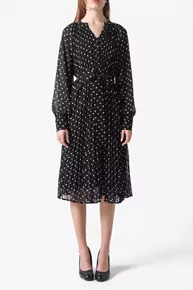 Sheer Sleeve Polka Dot Pleated Dress