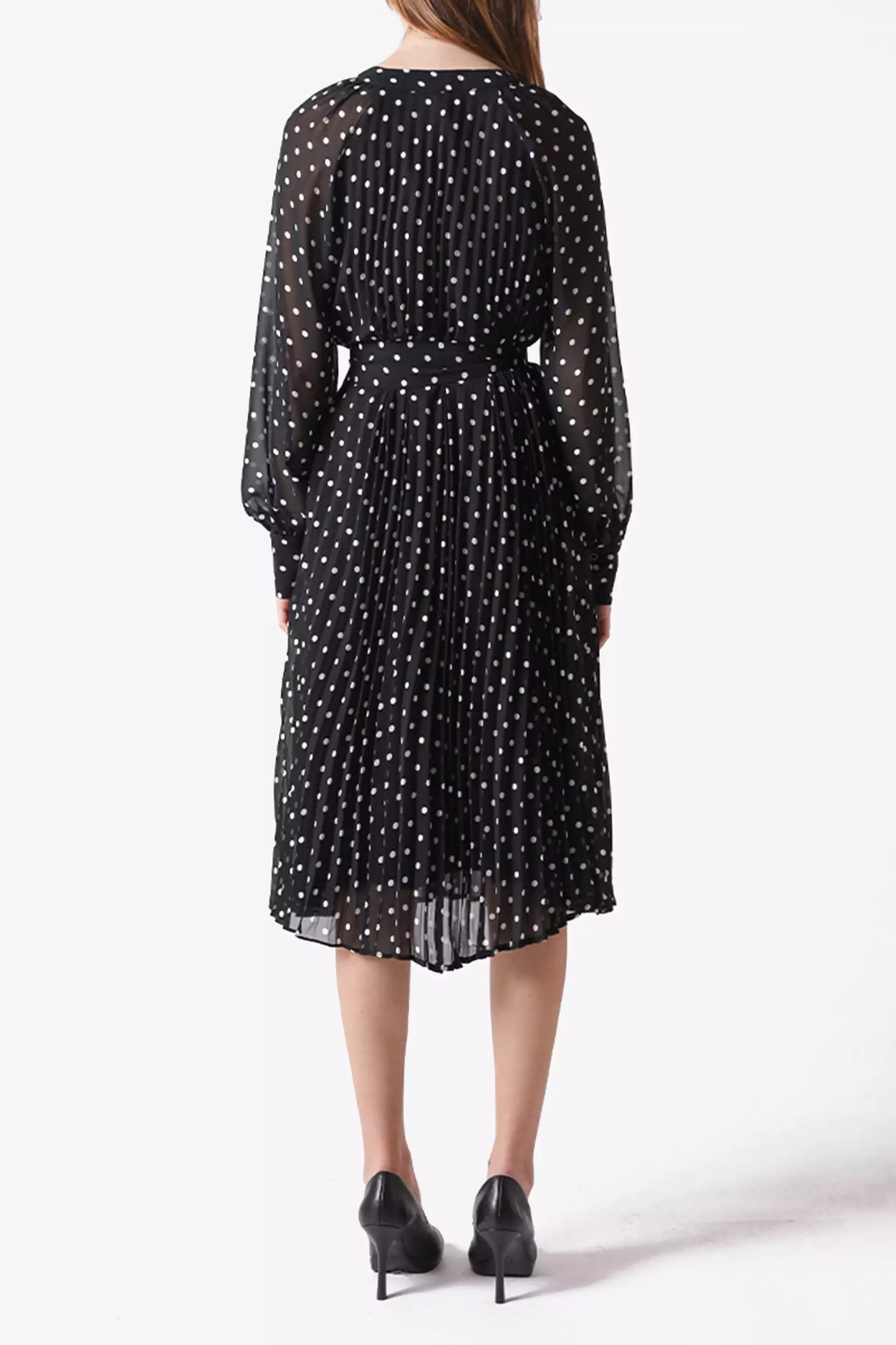 Sheer Sleeve Polka Dot Pleated Dress