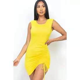 Sleeveless Shoulder Pad Drawstring Ruched Mini Dress