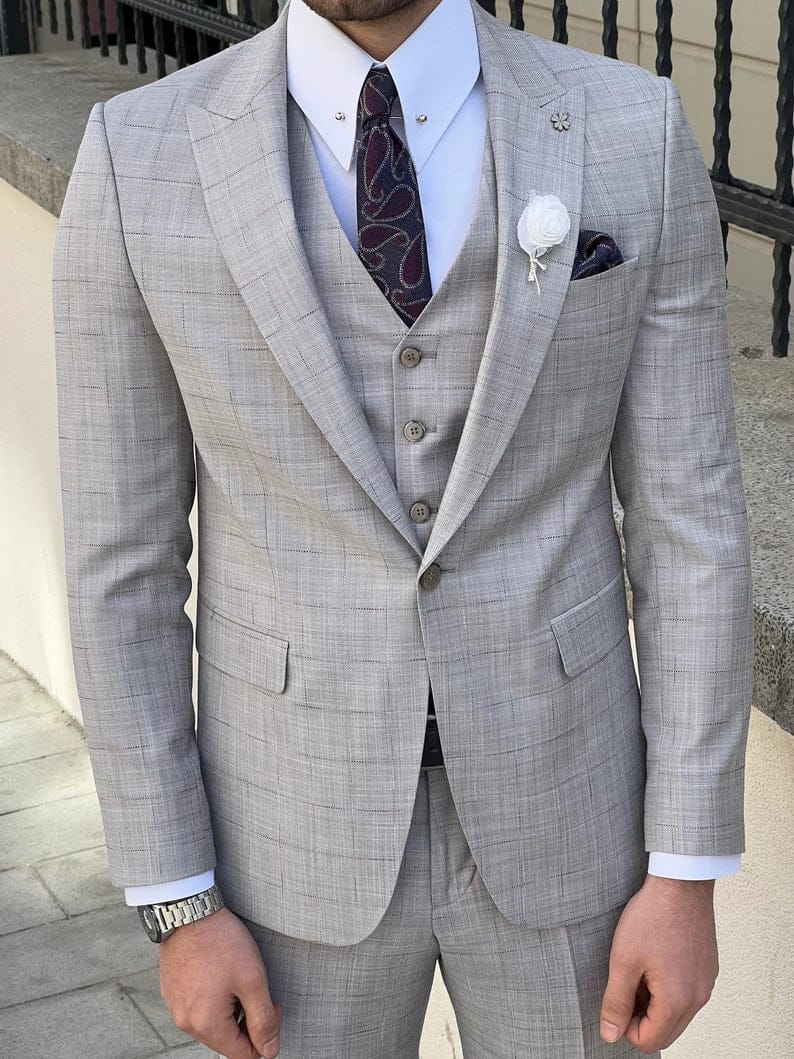 Slim Fit Plaid Wool Gray Suit