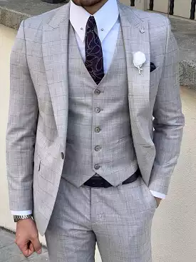 Slim Fit Plaid Wool Gray Suit