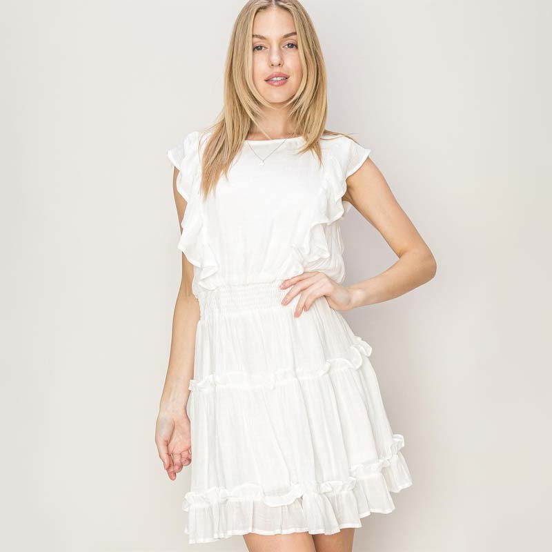 Smocked Waist Ruffle Sleeve Crinkle Dress