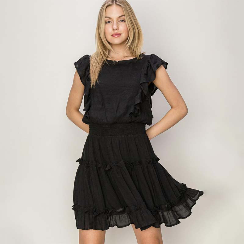 Smocked Waist Ruffle Sleeve Crinkle Dress