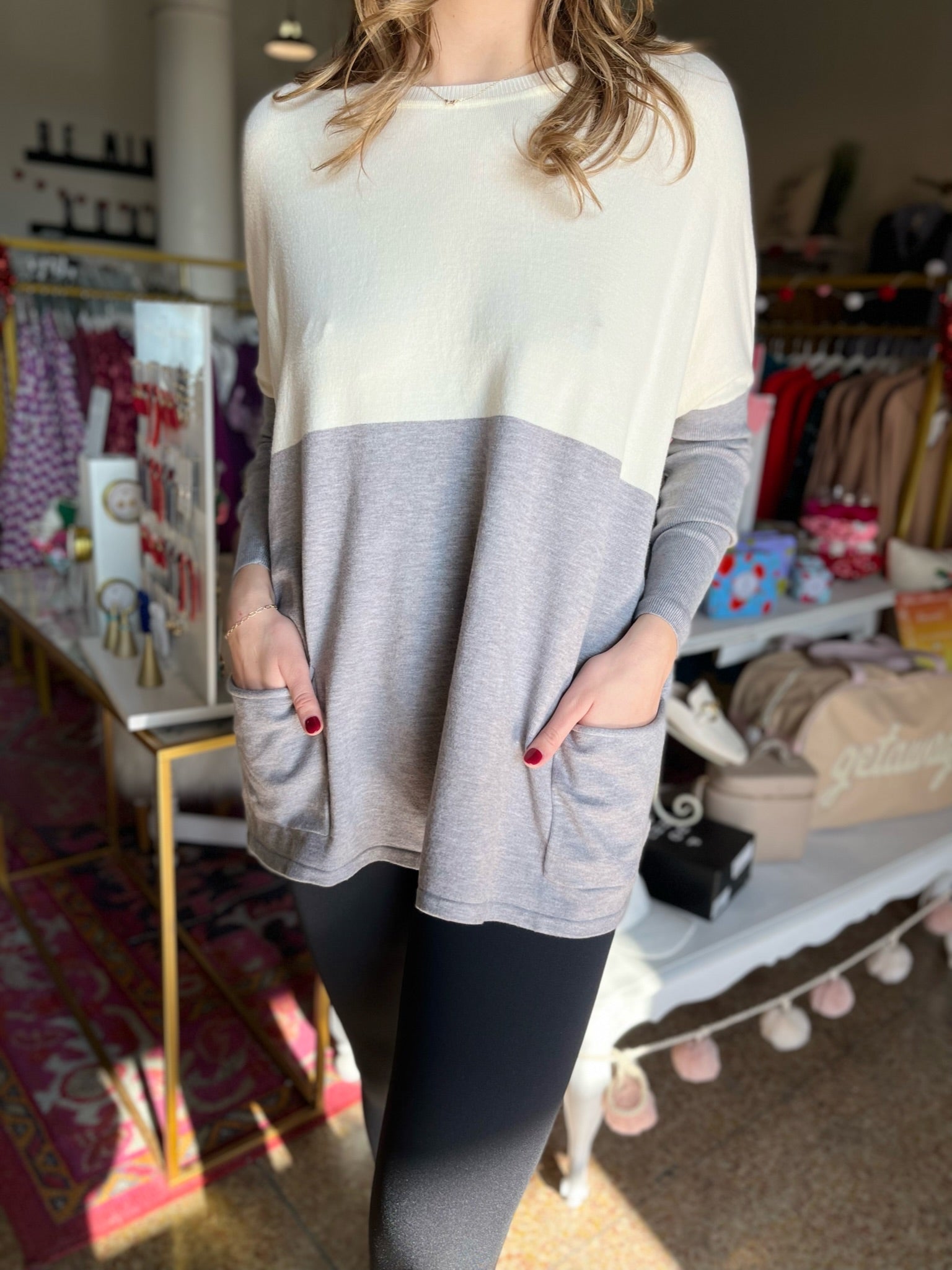 Soft Knit Oversized Sweater Top- Ivory/Grey