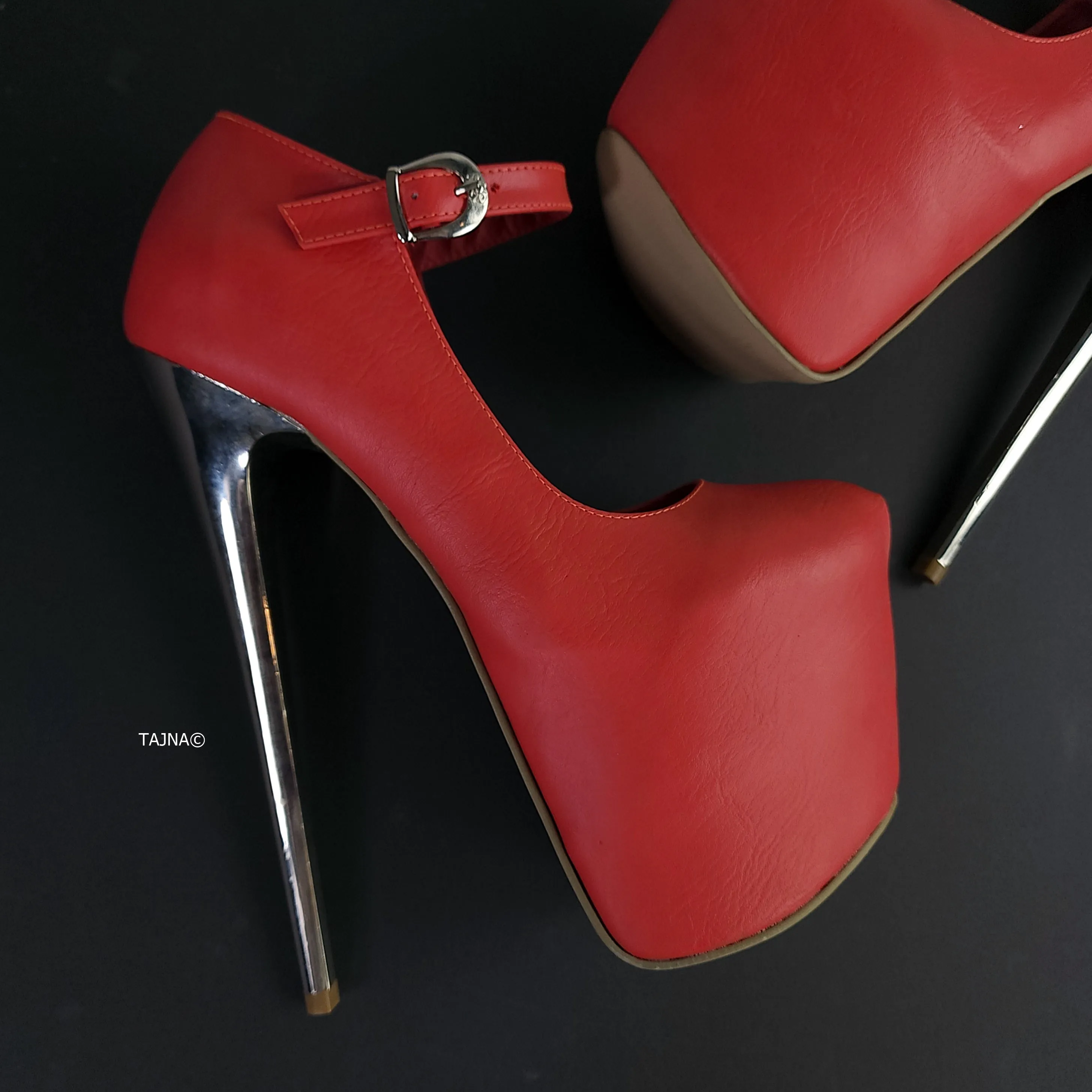 Soft Red Metallic Heel Modern Mary Jane Pumps