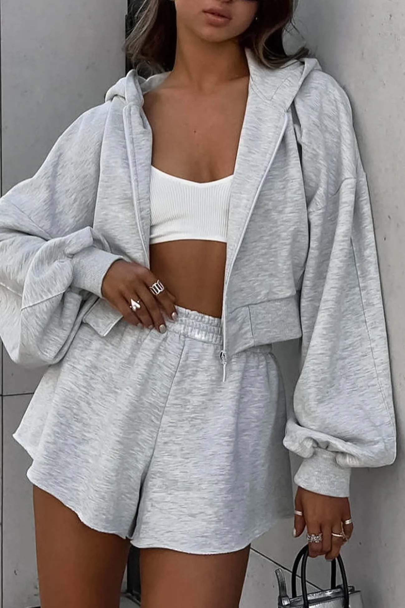 Solid Hoodie Crop Top Shorts Set