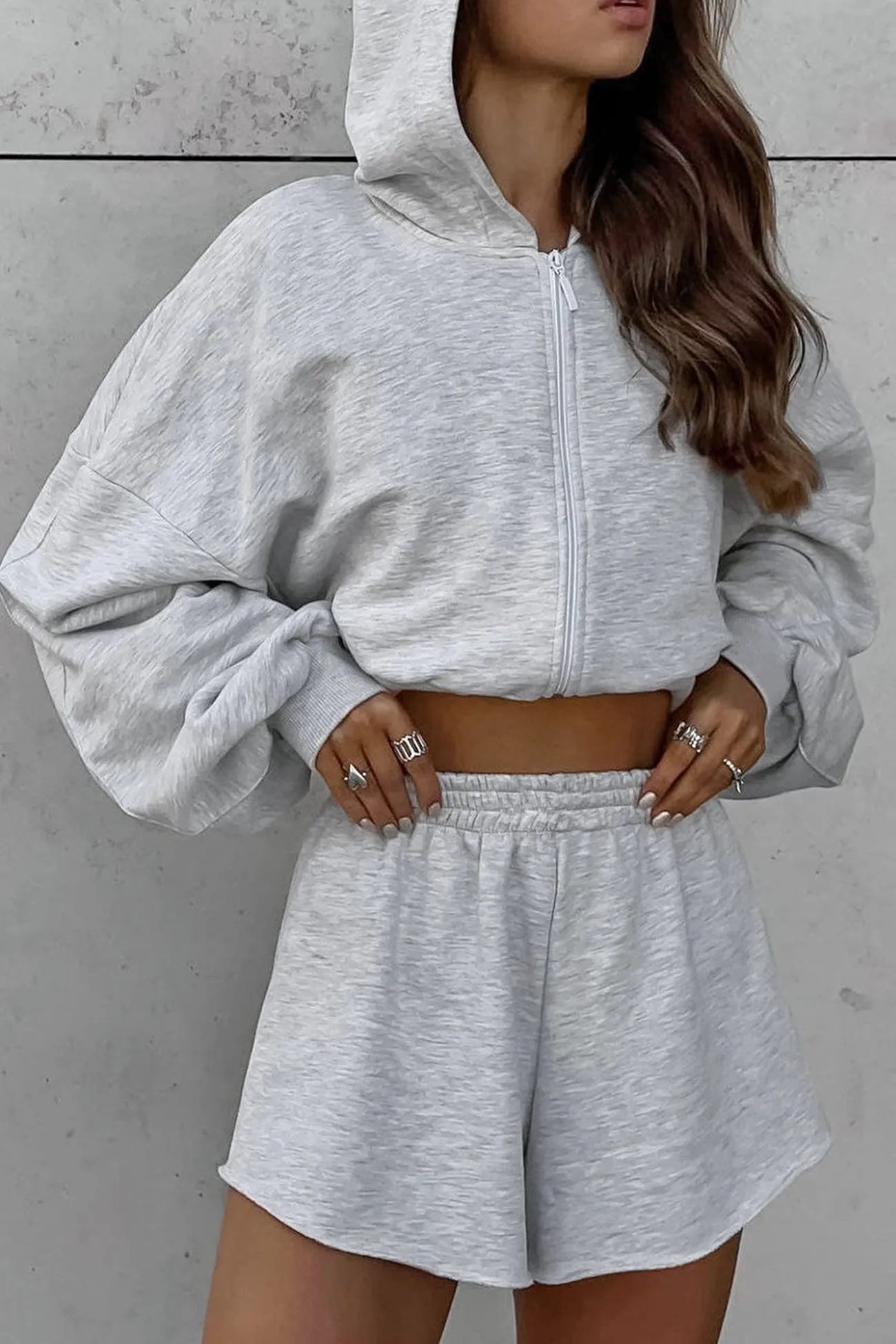 Solid Hoodie Crop Top Shorts Set