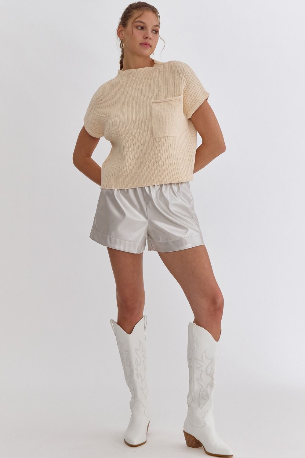 Solid Knitted Cropped Mock Neck Sweater