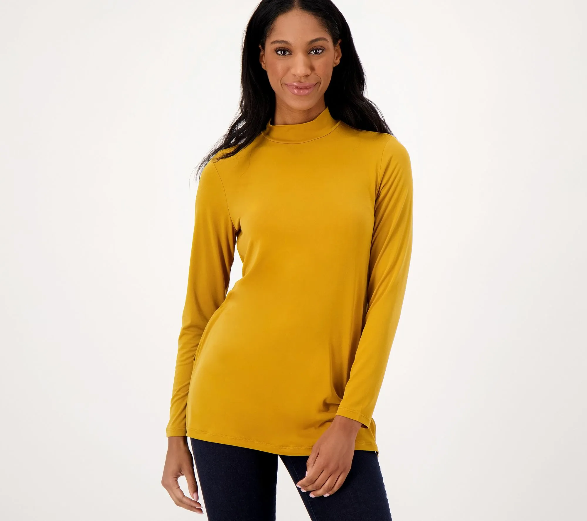 Susan Graver Every Day Petite Liquid Knit Mock-Neck Tunic