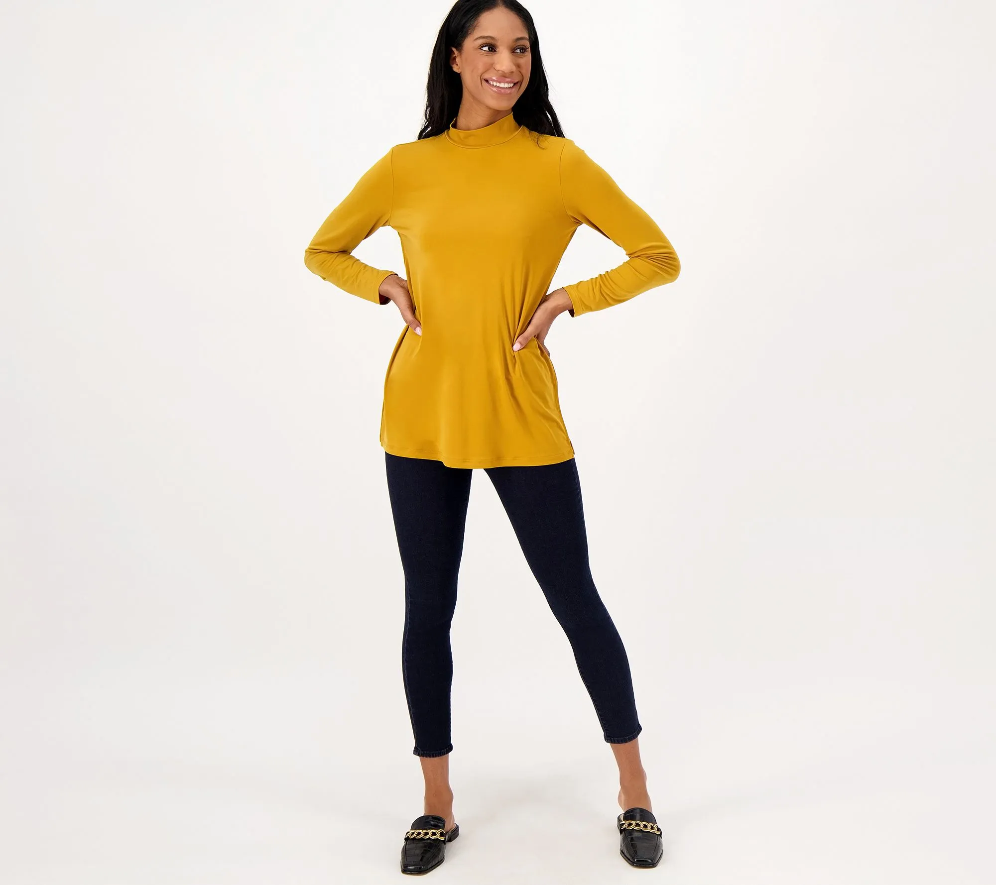 Susan Graver Every Day Petite Liquid Knit Mock-Neck Tunic