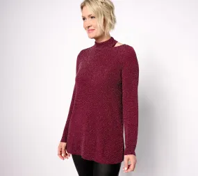 Susan Graver Occasions Reg Metallic Knit Cutout Mock-Neck Tunic