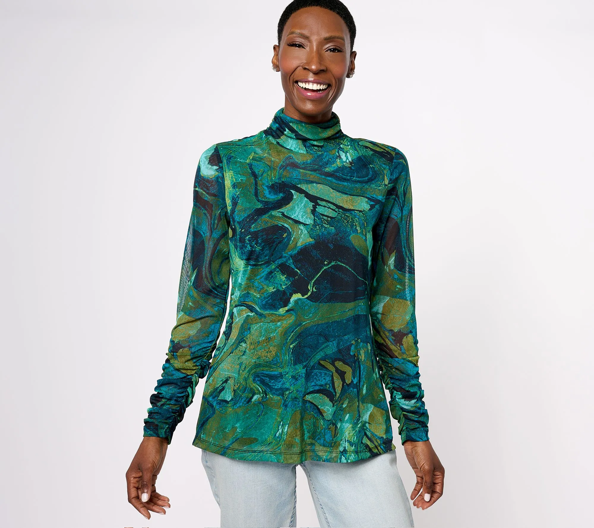 Susan Graver Printed Mesh Long-Sleeve Ruched Mock Neck Top