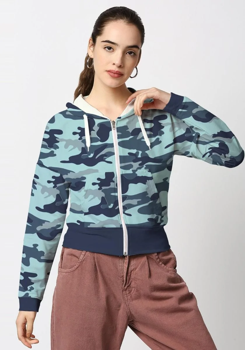 Teal Camo Crop Zipper Hoodie