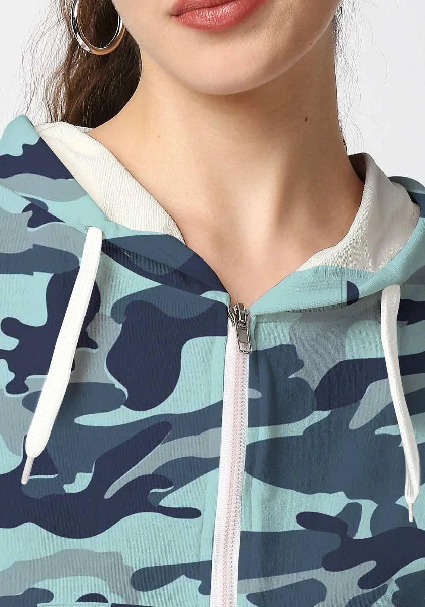 Teal Camo Crop Zipper Hoodie