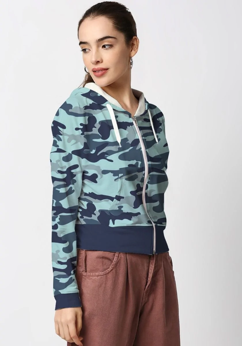 Teal Camo Crop Zipper Hoodie